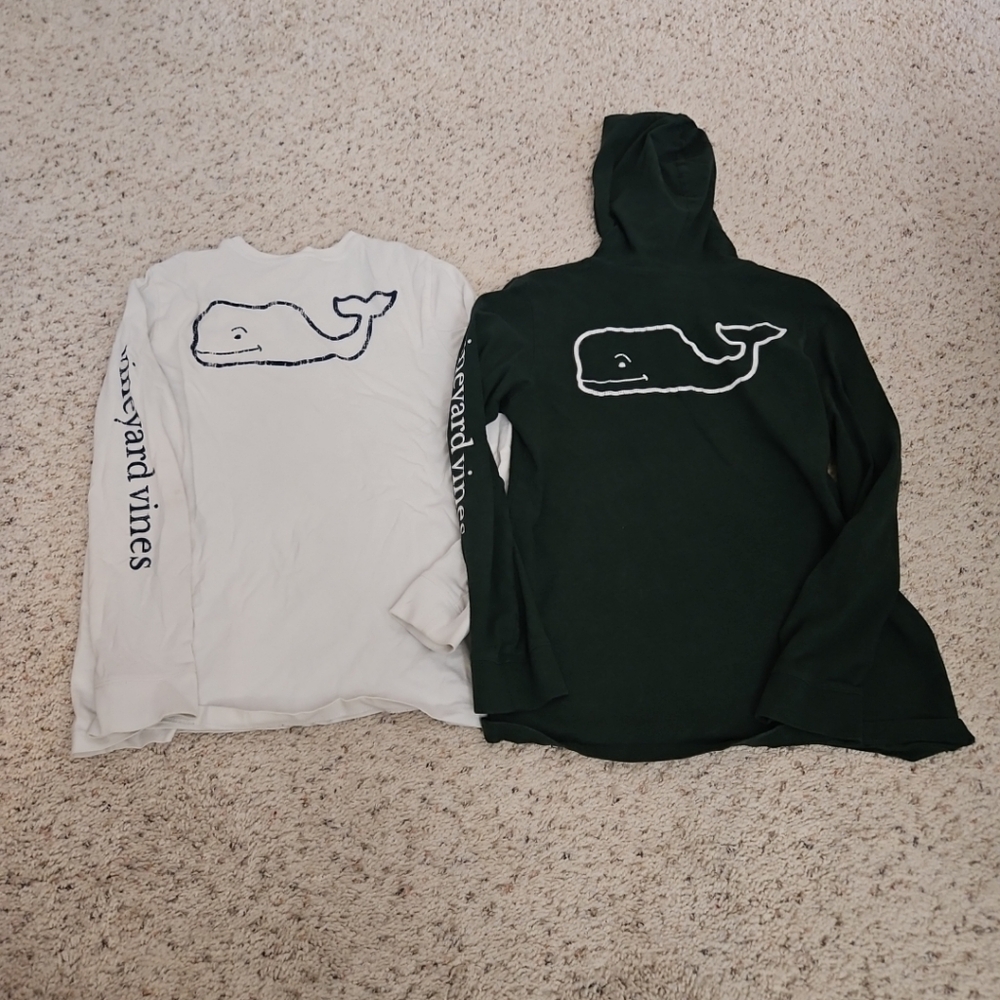 Vineyard Vines LS Shirt Boys Size Youth Medium Whale Logo White Hooded Green